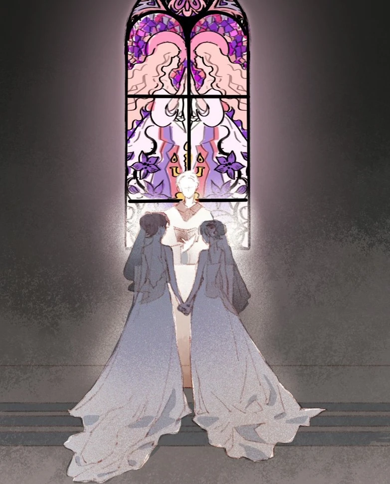 Two brides hand in hand before a stained-glass window