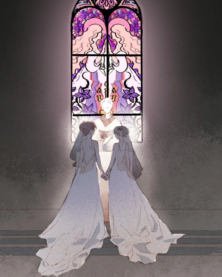 Long as We Have Loved: Two brides hold hands before a stained-glass window