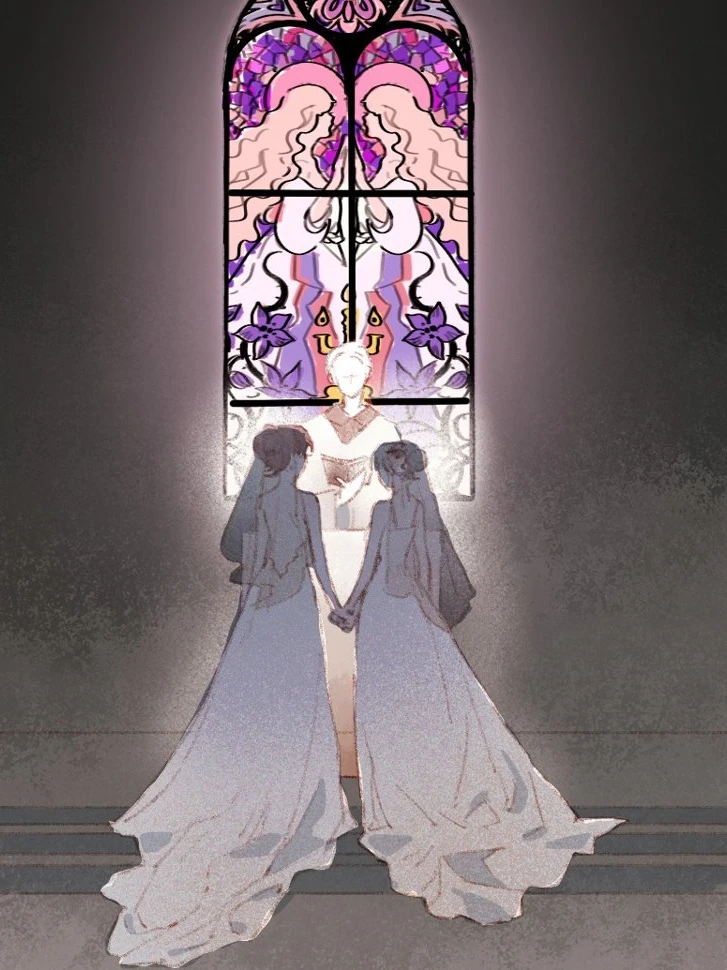Long as We Have Loved: two brides hand in hand before a stained-glass window
