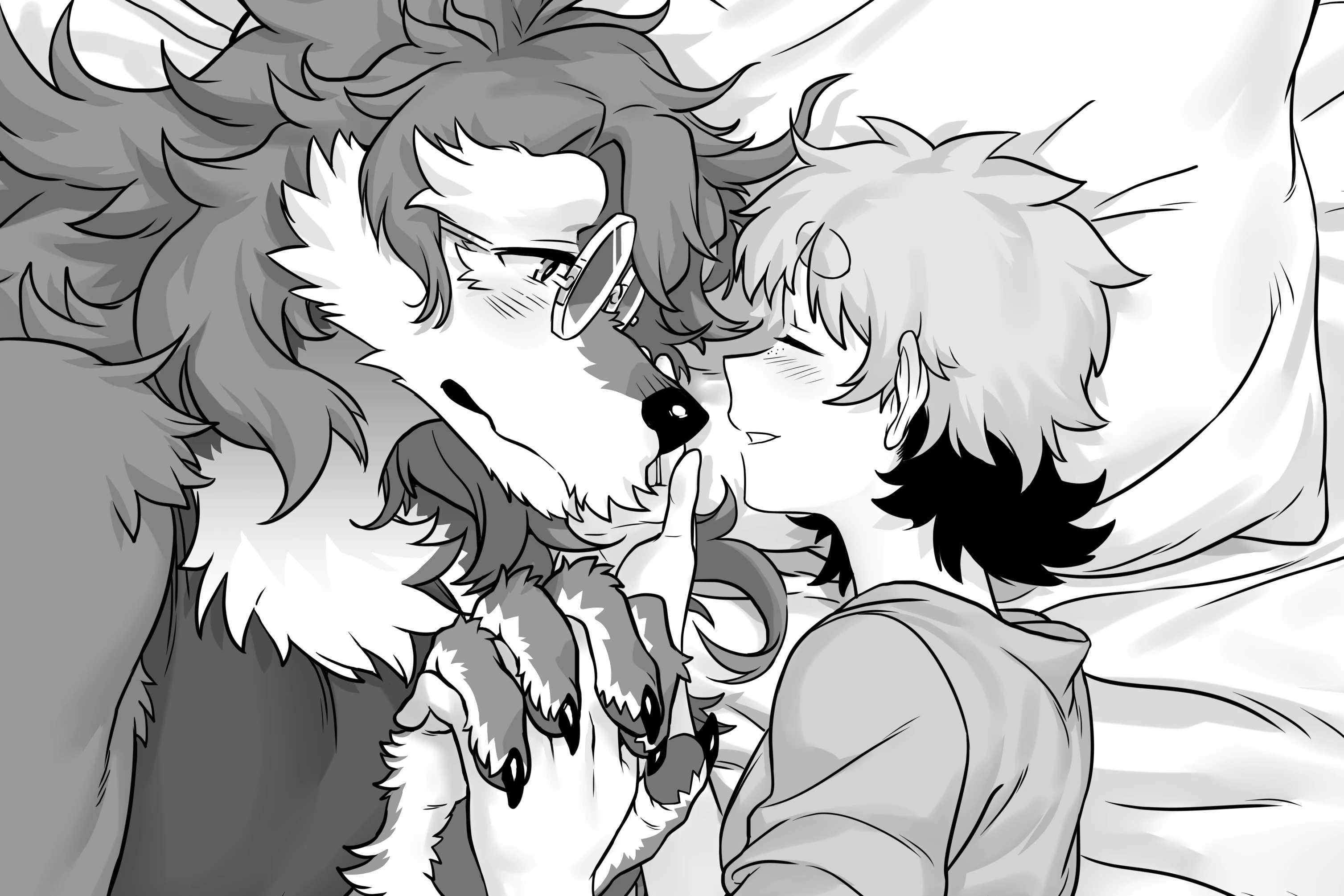 Canine Senior and Dog Junior: the two lie face to face, a finger on Chen Yue's nose