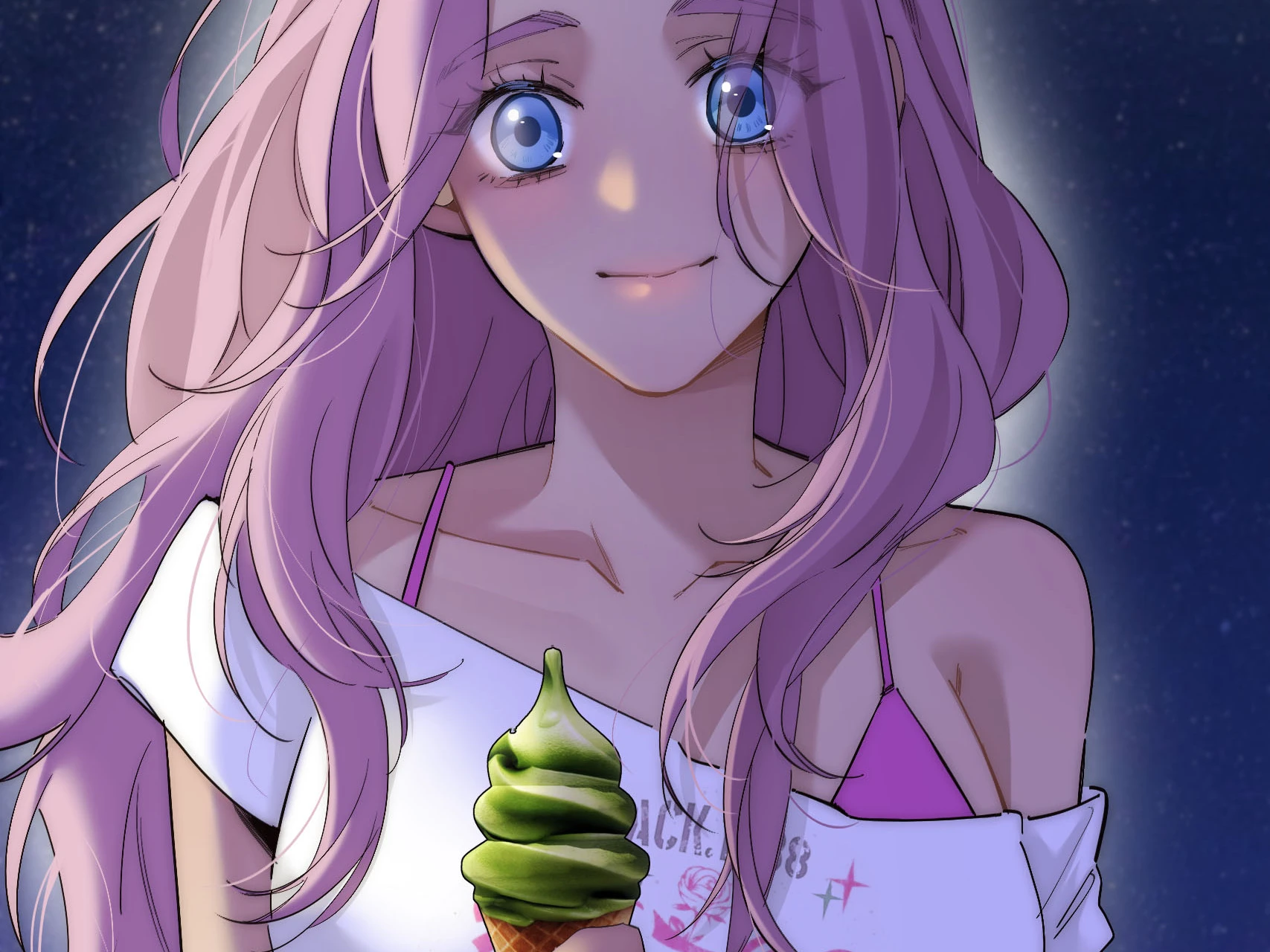 Ari under the night sky, holding an ice cream cone
