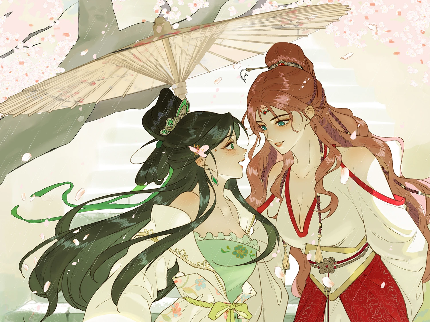 Jade Seduction, promotional art: two women under a paper umbrella in falling blossoms