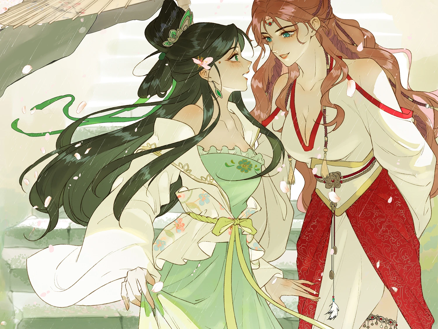 Jade Seduction: Mu Yunzhao and Shen Qingshuang face to face under a paper umbrella in falling blossoms
