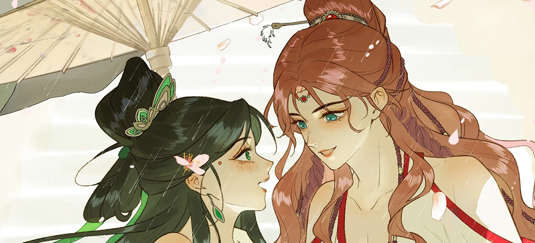 Jade Seduction: the two leads face each other under an oiled-paper umbrella in spring rain