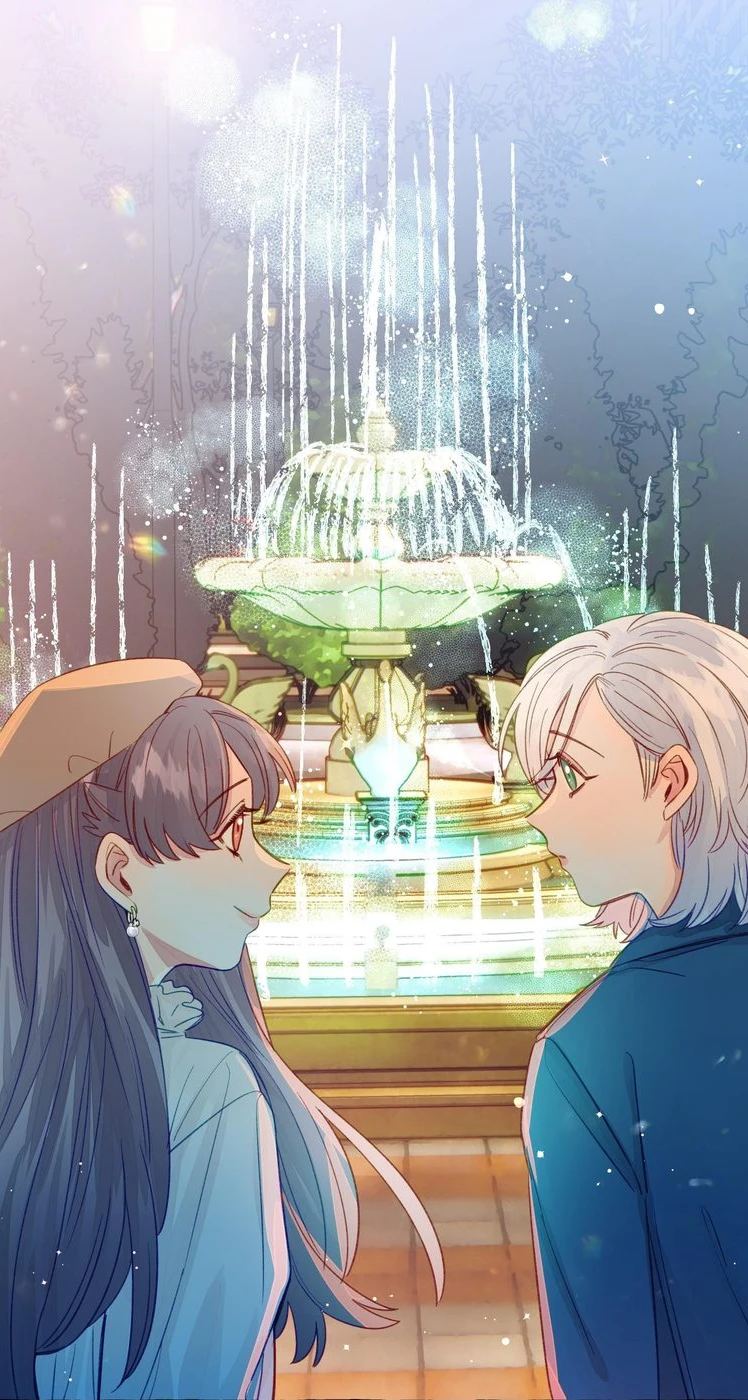 The two face each other in front of a lit fountain, Chapter 50 of Straight Girl Trap