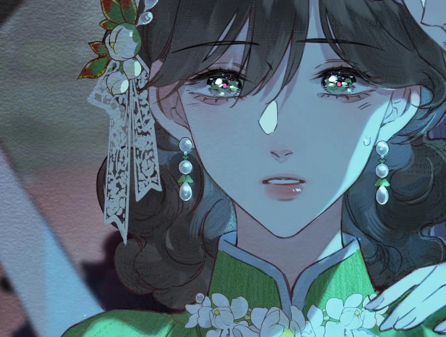 Clandestine Affair: a woman in a green qipao, flowers at her collar, a hand on her shoulder, Chapter 2