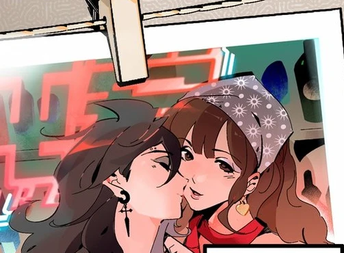 A-Wu kisses her girlfriend under a neon sign