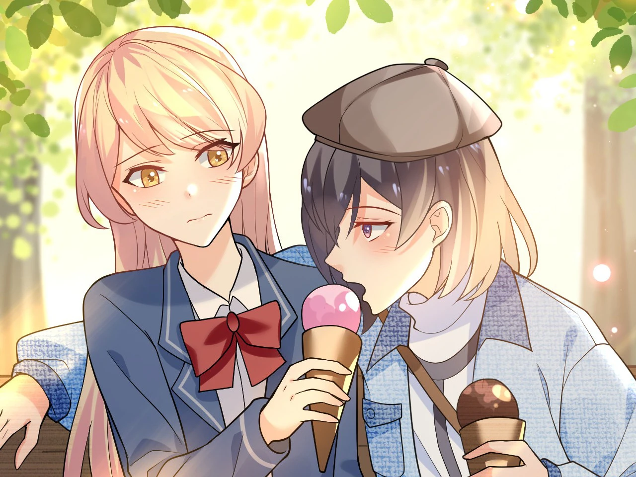 Ten years on, Gu An and Xinghuo eat ice cream on a bench, Ch. 49 of Seeing Xinghuo Again