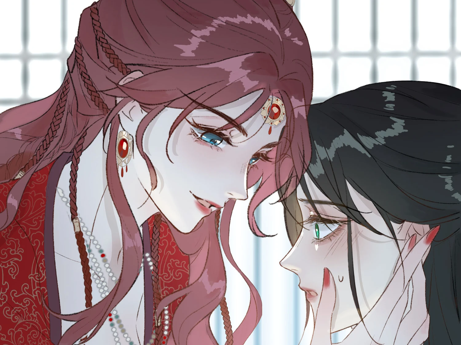Jade Seduction: Mu Yunzhao leans over Shen Qingshuang and cups her face
