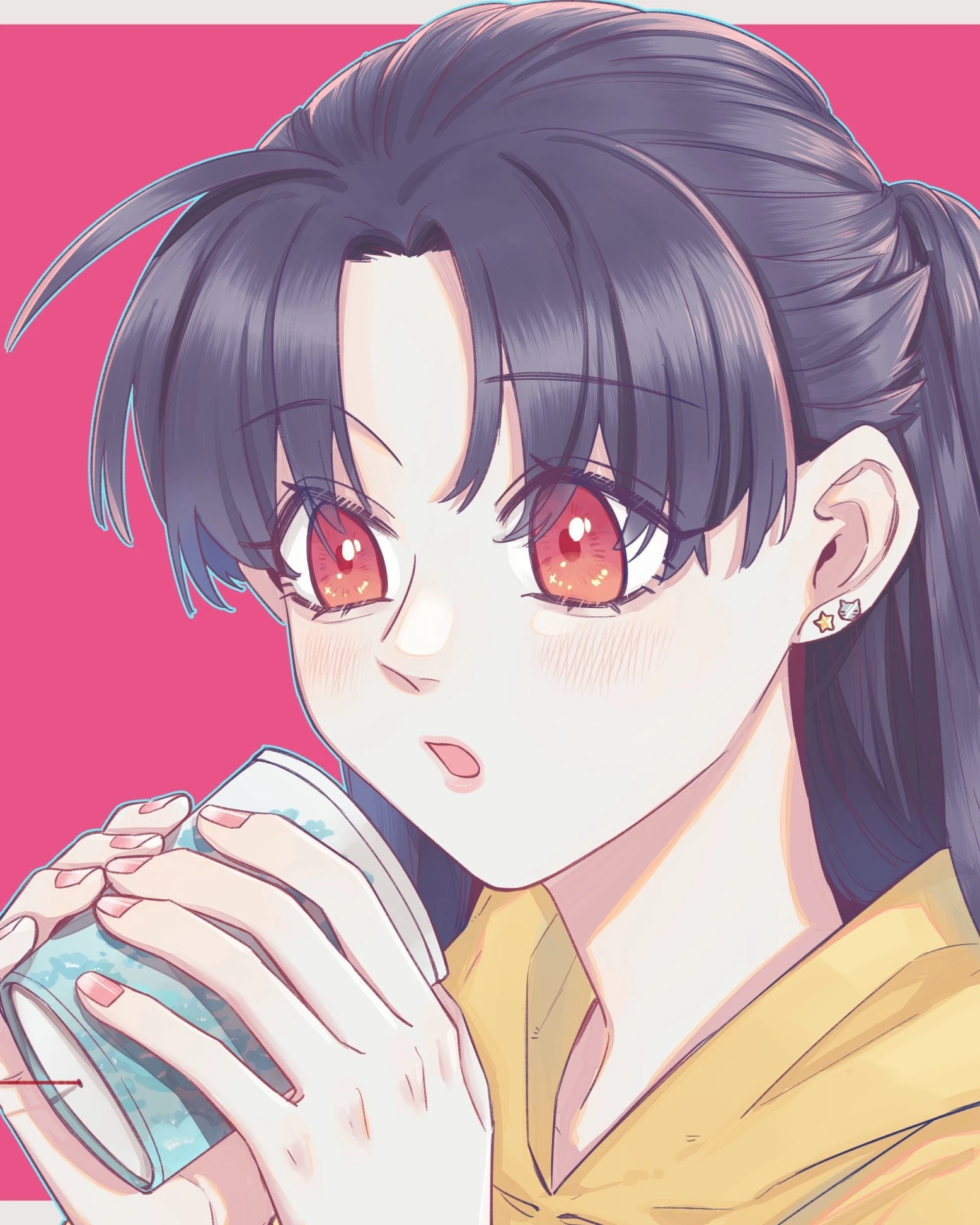 Zhan Ying, wide-eyed, holding a drink can in both hands