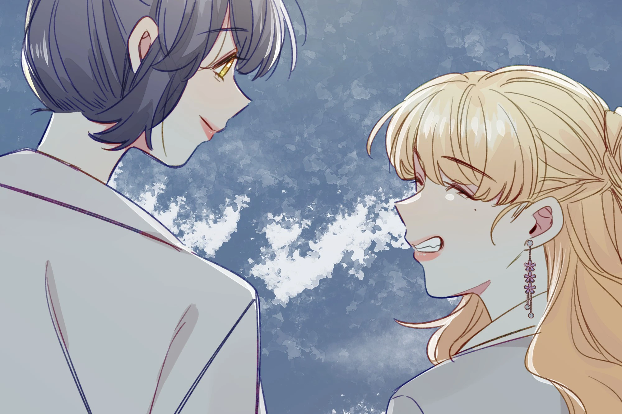 Lele and Xiang Lan look back at each other, hand in hand under a cloudy sky