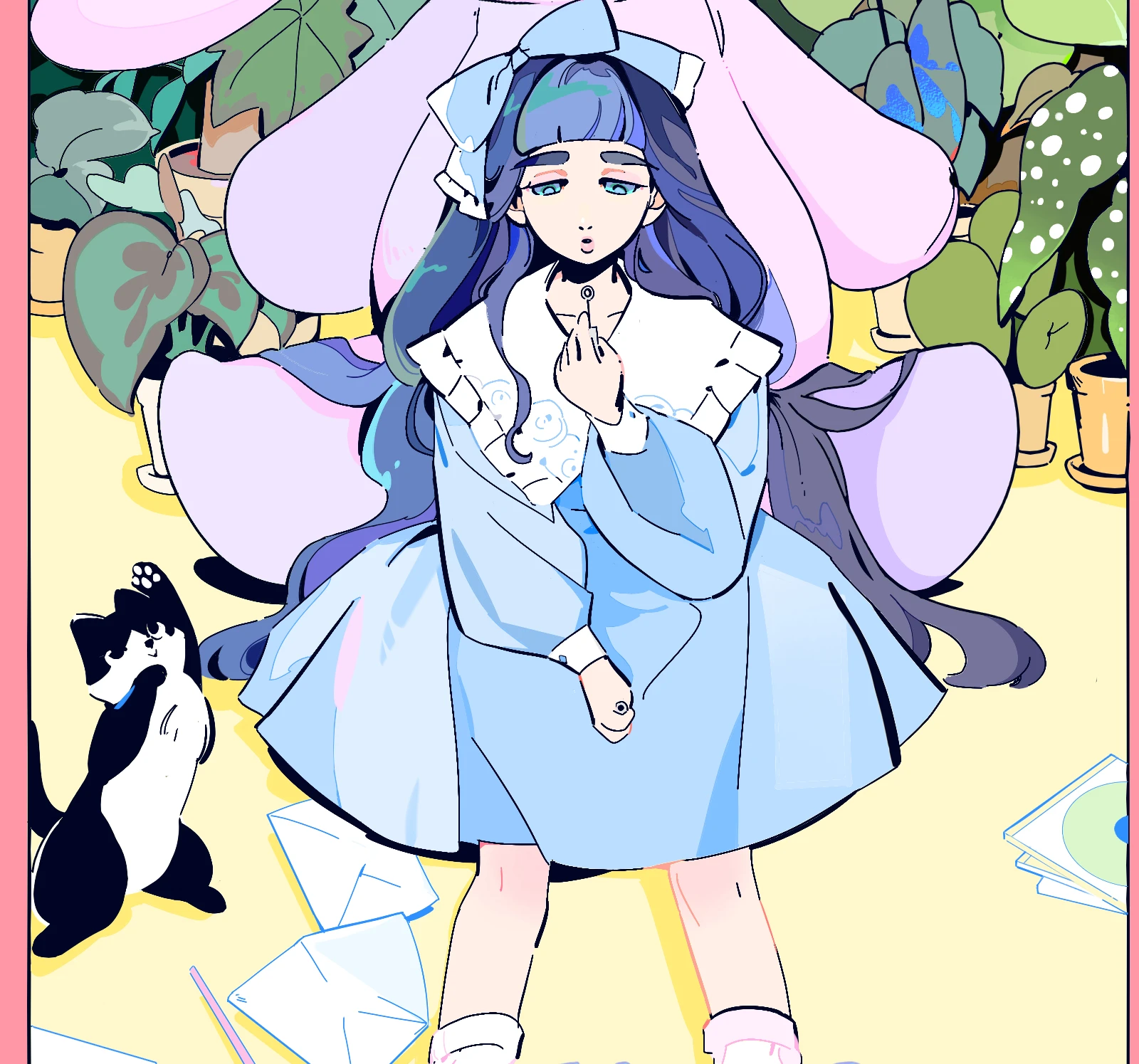 A girl in a pale blue dress among flowers, a black and white cat at her feet, Remaking of the Unforgotten Love chapter cover