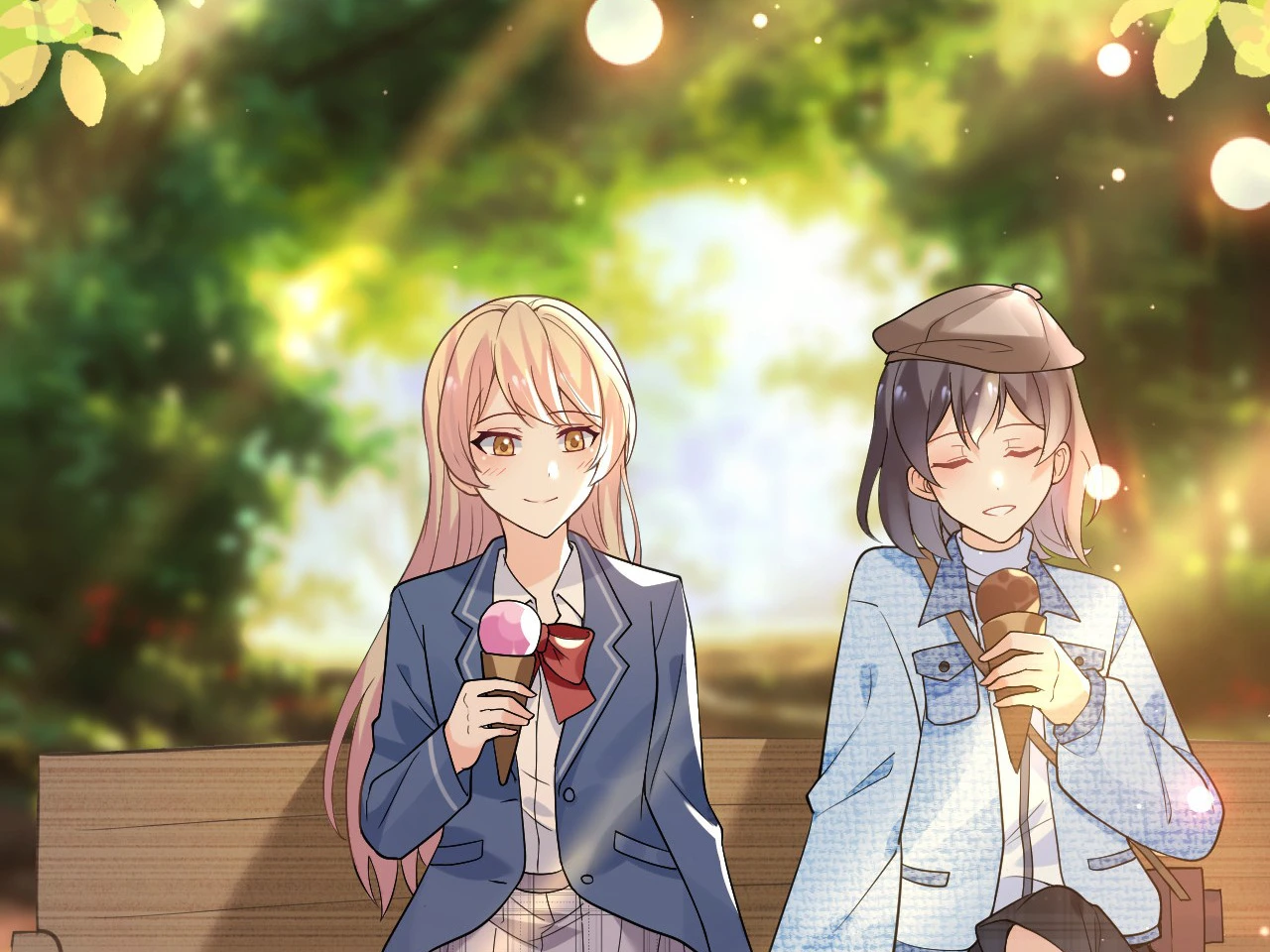 The two eating ice cream on a sunlit bench