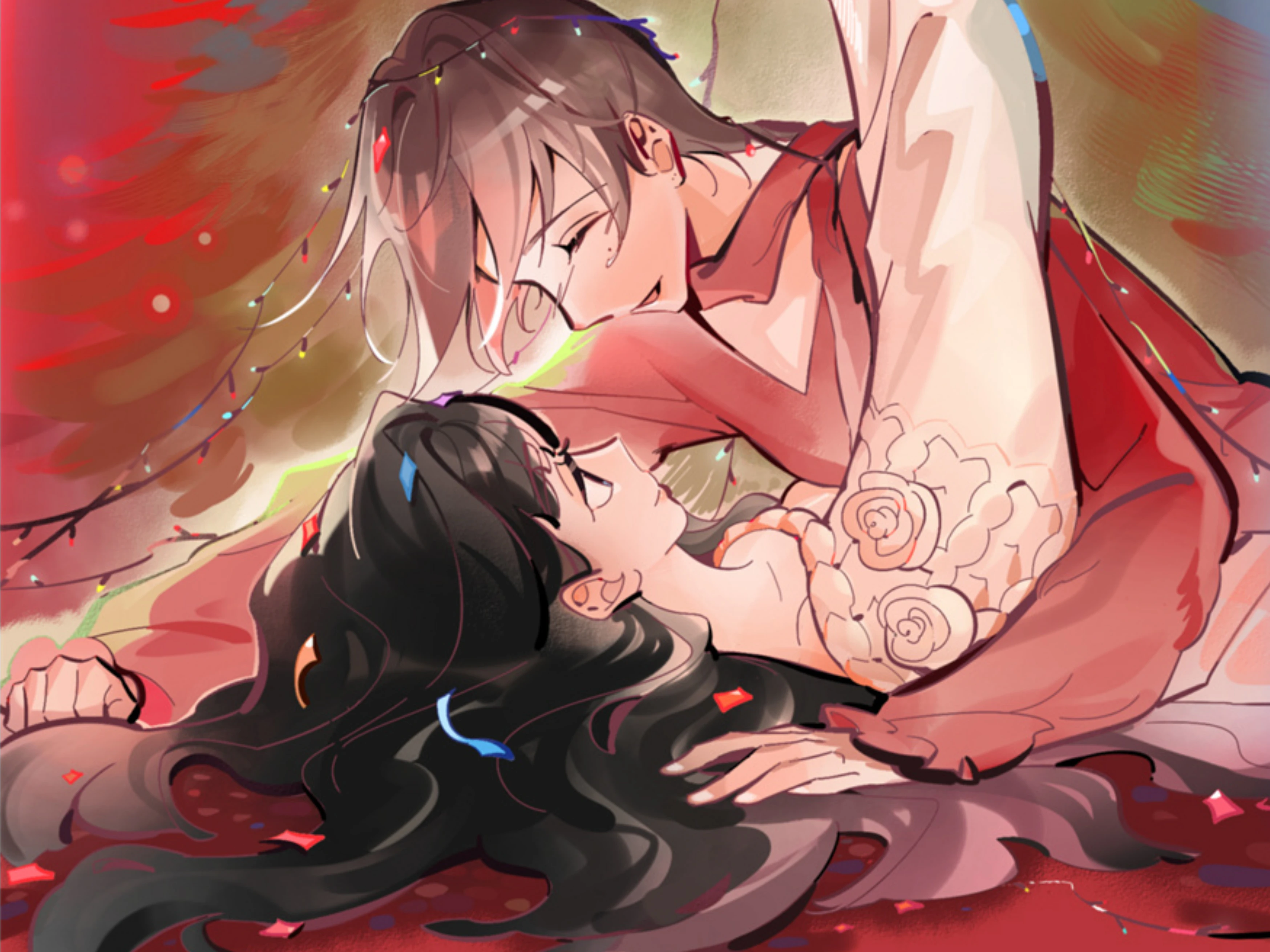 Remaking of the Unforgotten Love: two women lying close together on red cloth under string lights