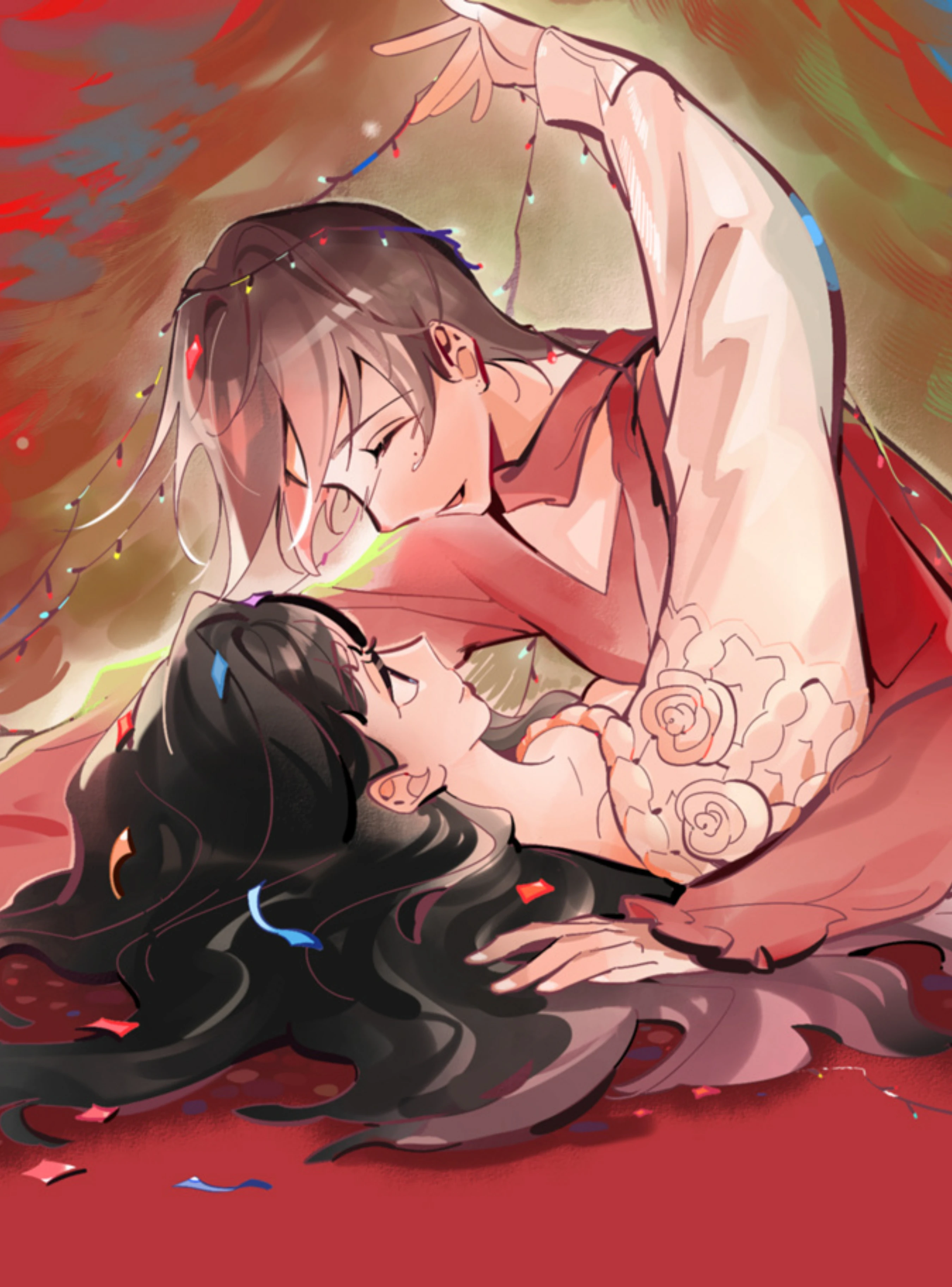 Lu Shiyin and Li Han lying close together on red cloth, Remaking of the Unforgotten Love