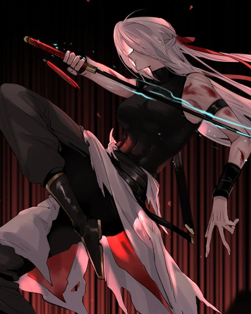 Ji Linxue mid-leap, sabre drawn