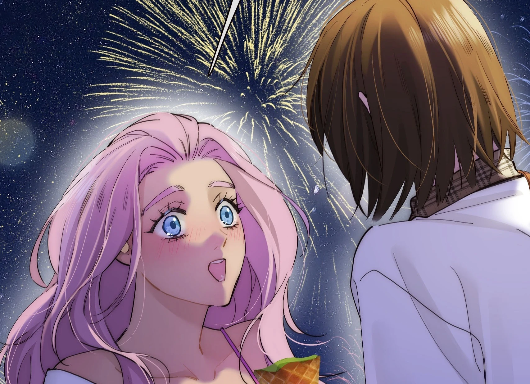 The Mermaid I Met by Getting Fired: Ari blushes beside her under the fireworks
