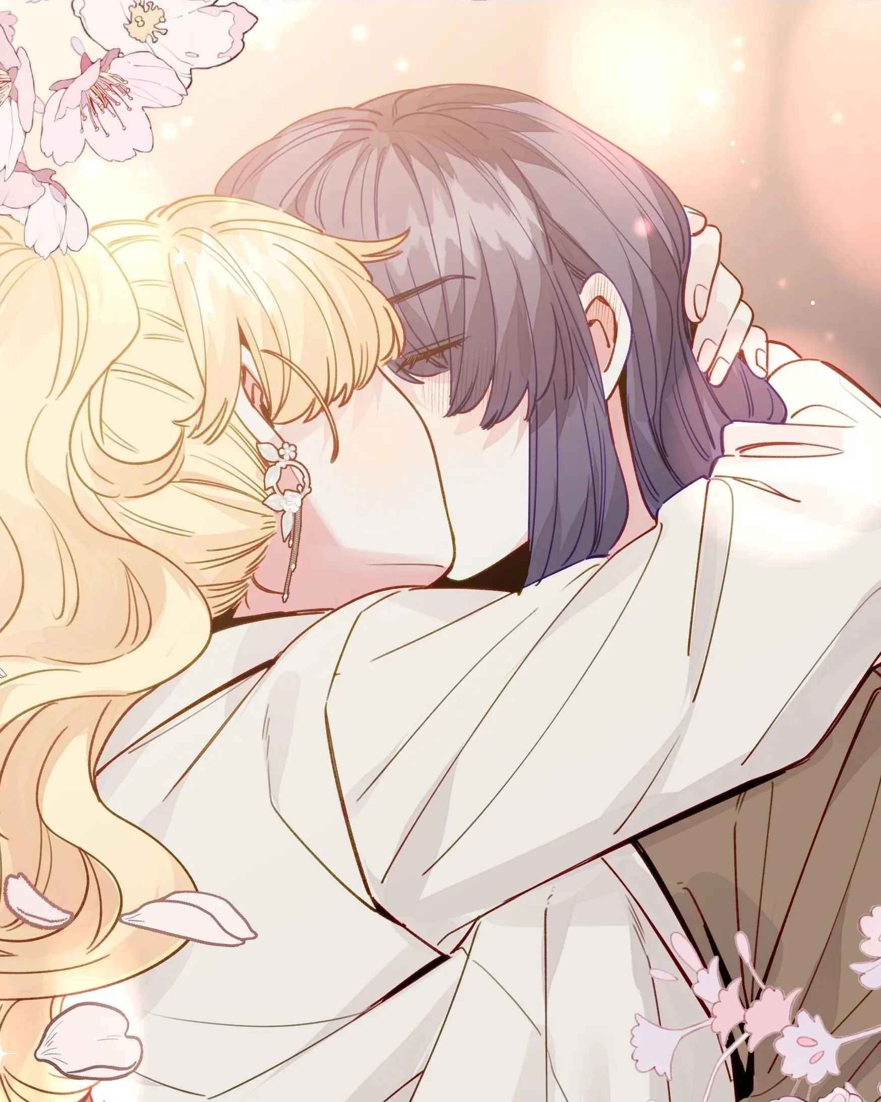 Straight Girl Trap: Xiang Lan and Lele kiss in warm light, blossoms at the edge