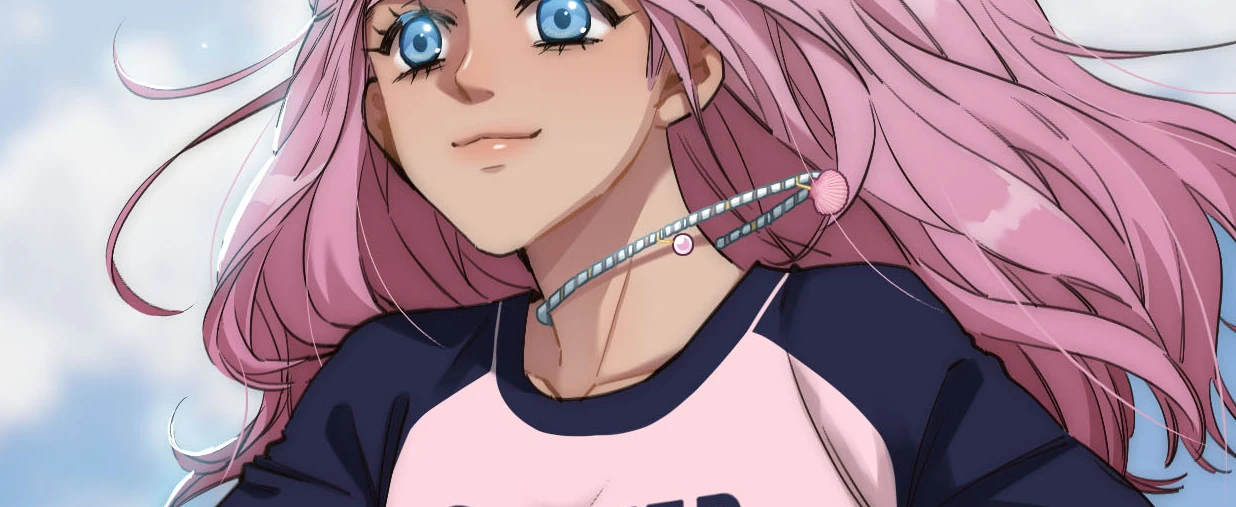 The Mermaid I Met by Getting Fired: Ari, pink hair flying in the wind