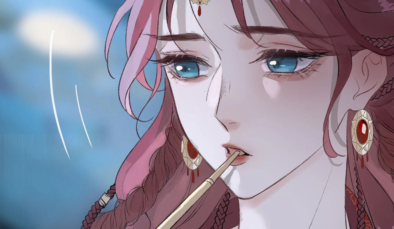Jade Seduction: a red-haired woman holds a writing brush between her lips