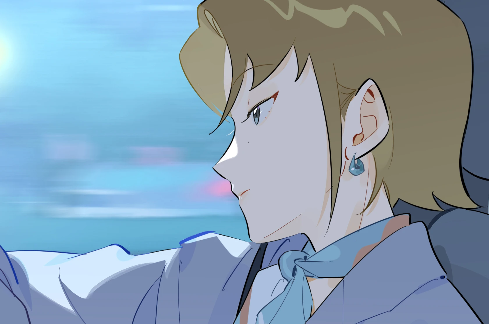 Ren Qinghe in a suit and neck scarf, looking out of a car window at night, Submission Time! Yes or Yes?