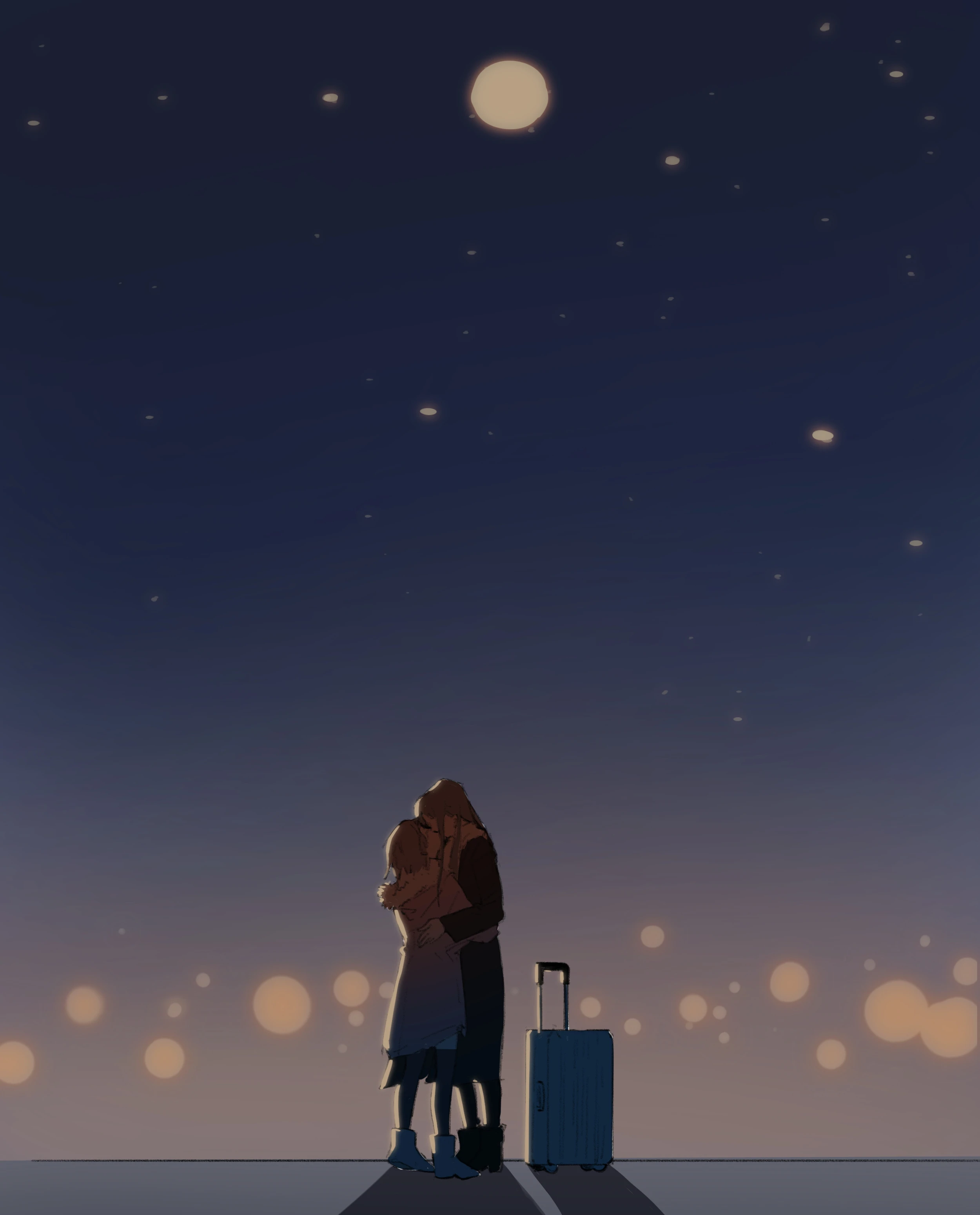 Ban Xia and Nan Xing hugging at the airport at night