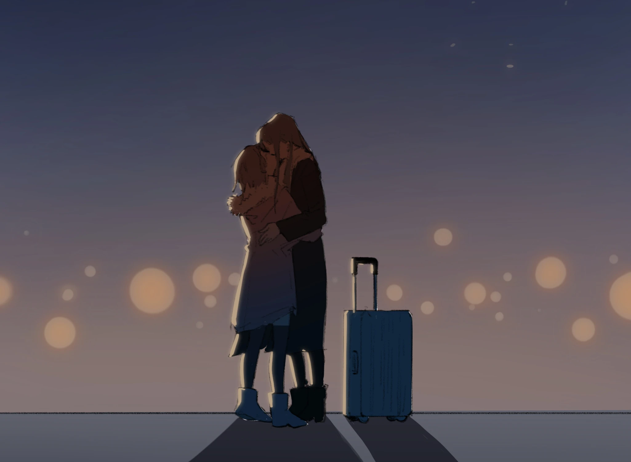 Wolf x Rabbit: Ban Xia and Nan Xing hug at the airport at night, a suitcase beside them
