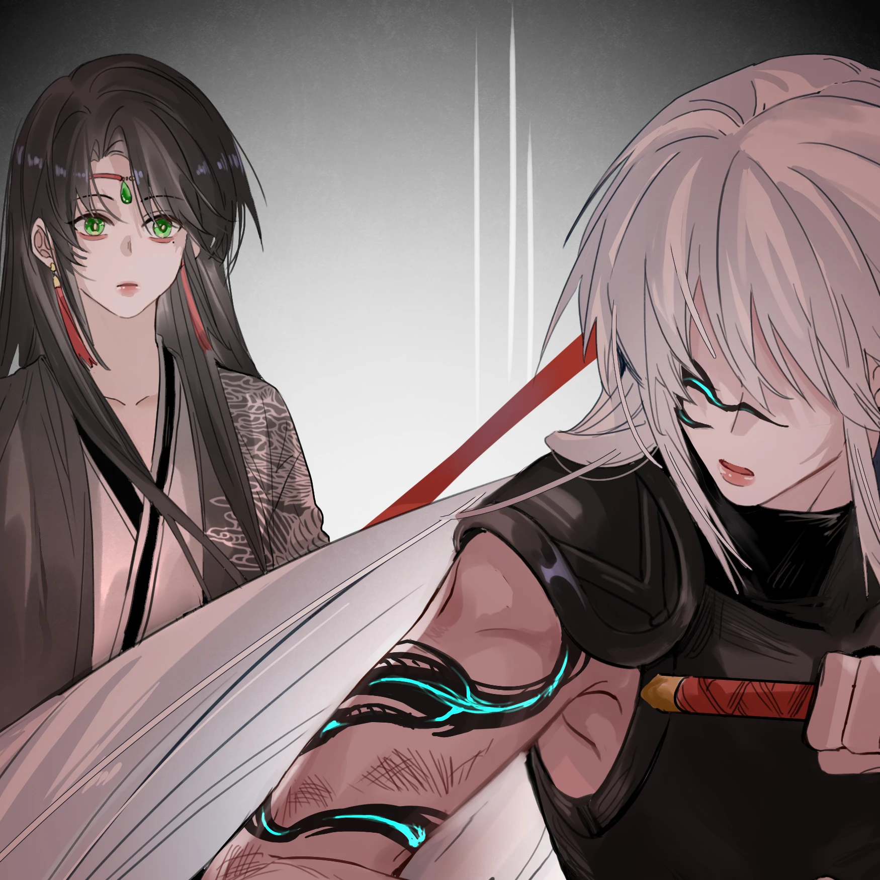 Ji Linxue, sabre drawn, steps in front of Lan Qinghe