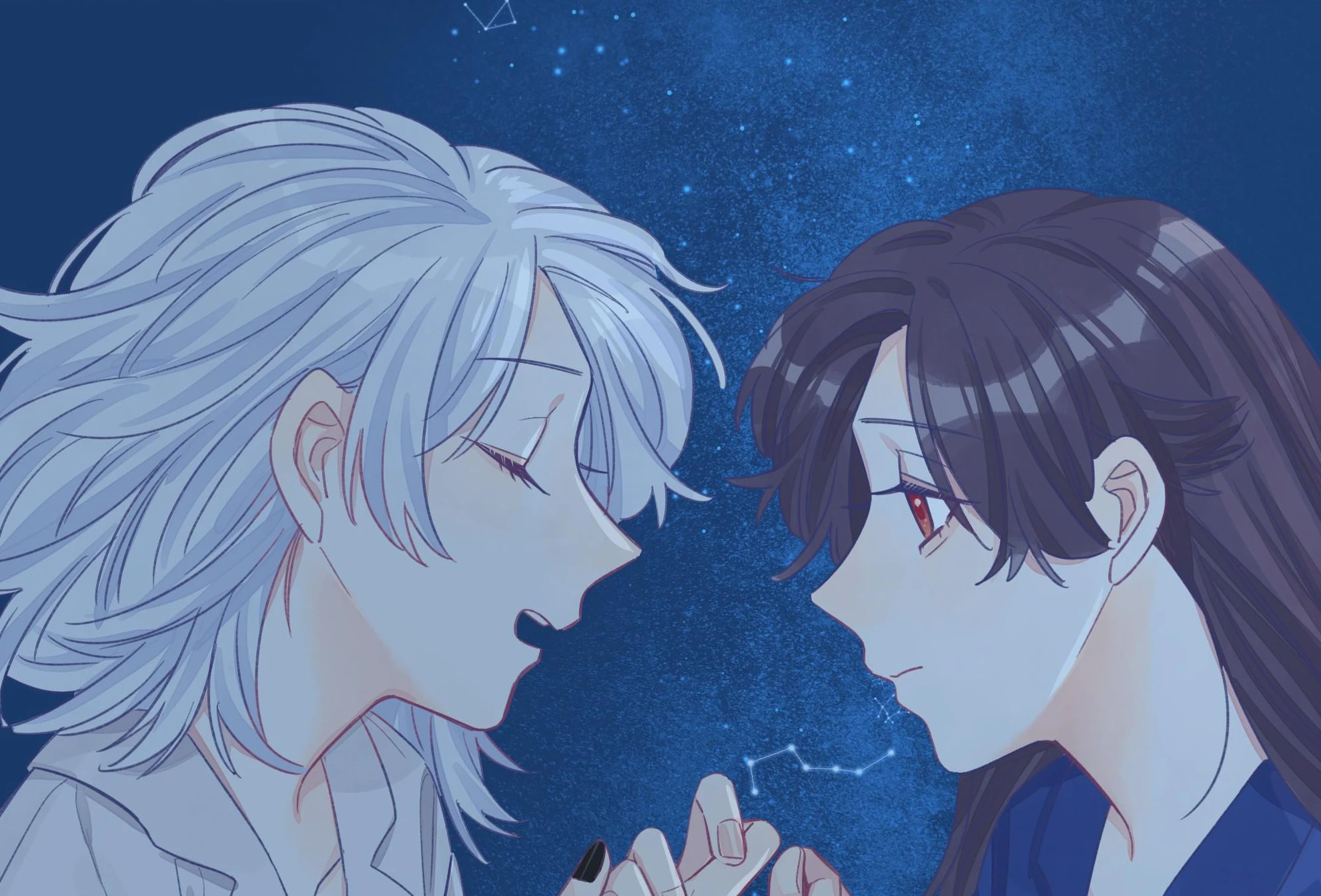 The two holding hands under a starry sky