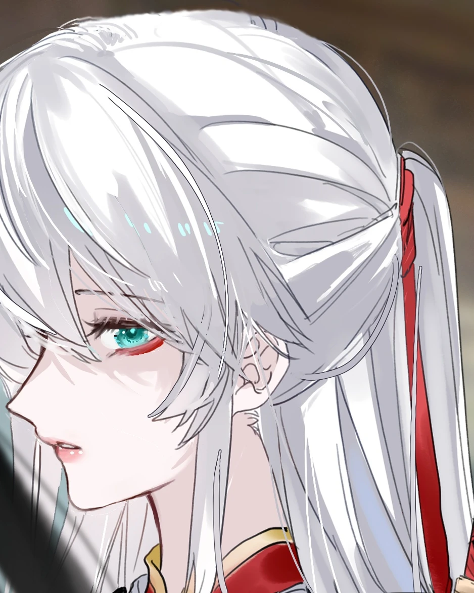 Ji Linxue in profile, a red ribbon in her white hair