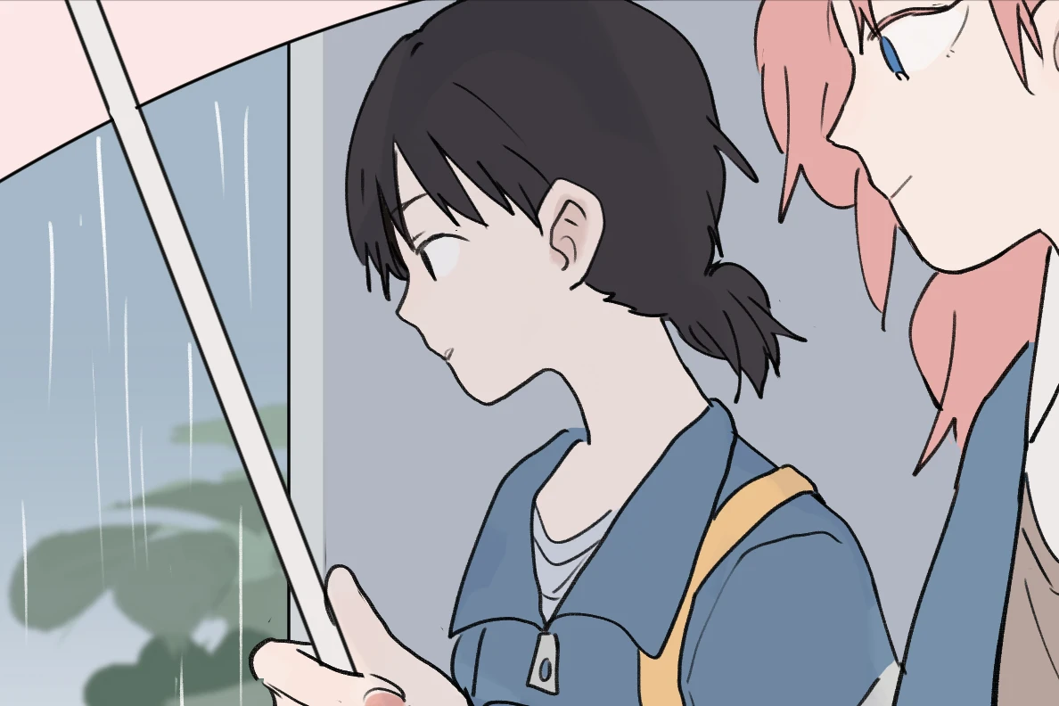 Lin Luxi and Tongtong walking under one umbrella in the rain