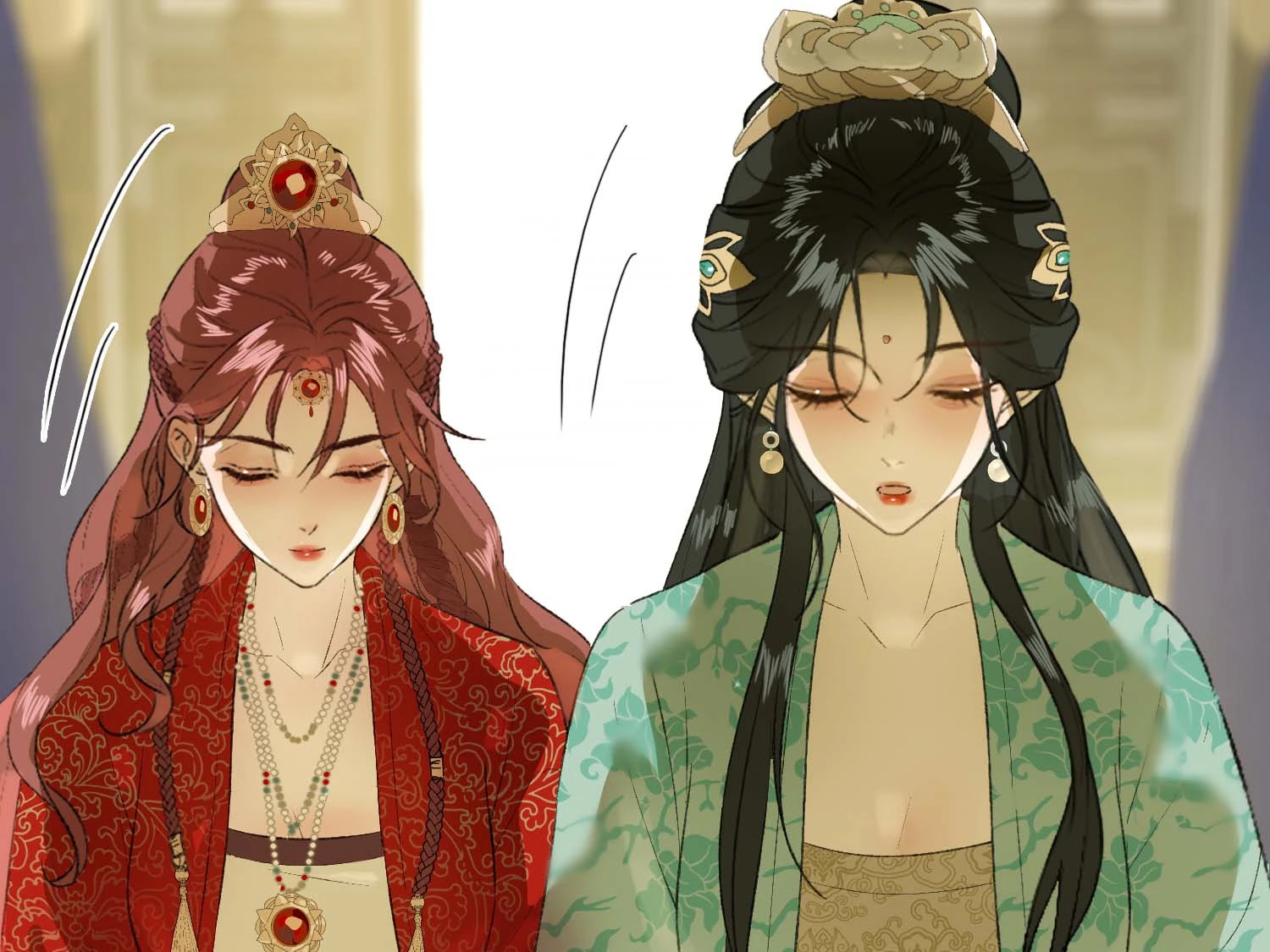 Jade Seduction: Mu Yunzhao and Shen Qingshuang side by side in court dress, eyes closed