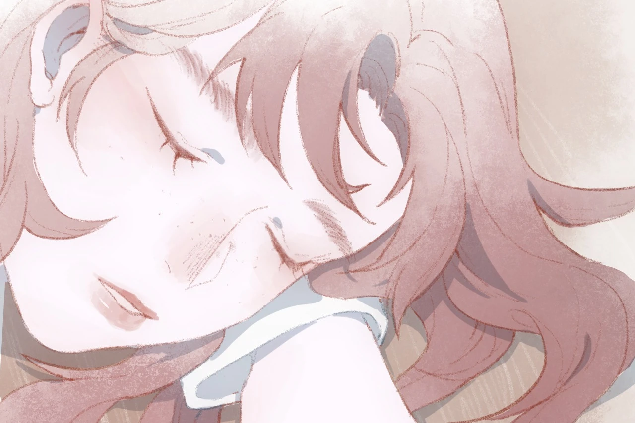 Long as We Have Loved: Tang Guan asleep on her desk, red curls spilling everywhere