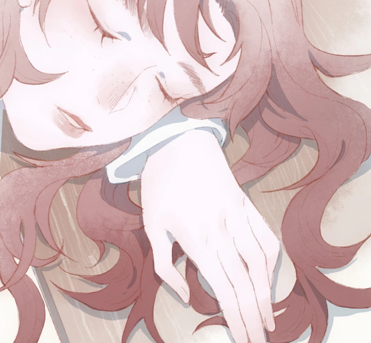 Tang Guan asleep on her school desk, red curls spilling over her arm