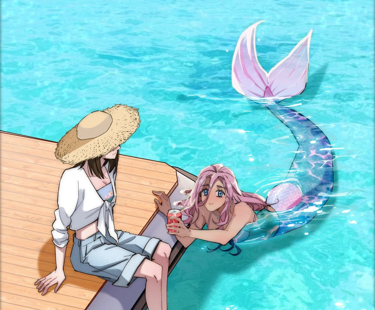 The Mermaid I Met by Getting Fired: A pink-haired mermaid in the water holds up a can of Coke to her