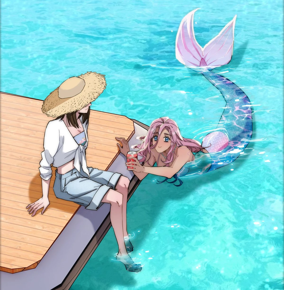Ari, a mermaid, hands the narrator a Coke from the water