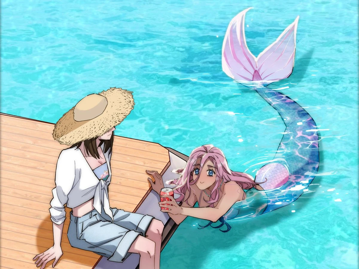 A mermaid holds out a can of Coke from the water beside the pier, Ch. 1 of The Mermaid I Met by Getting Fired