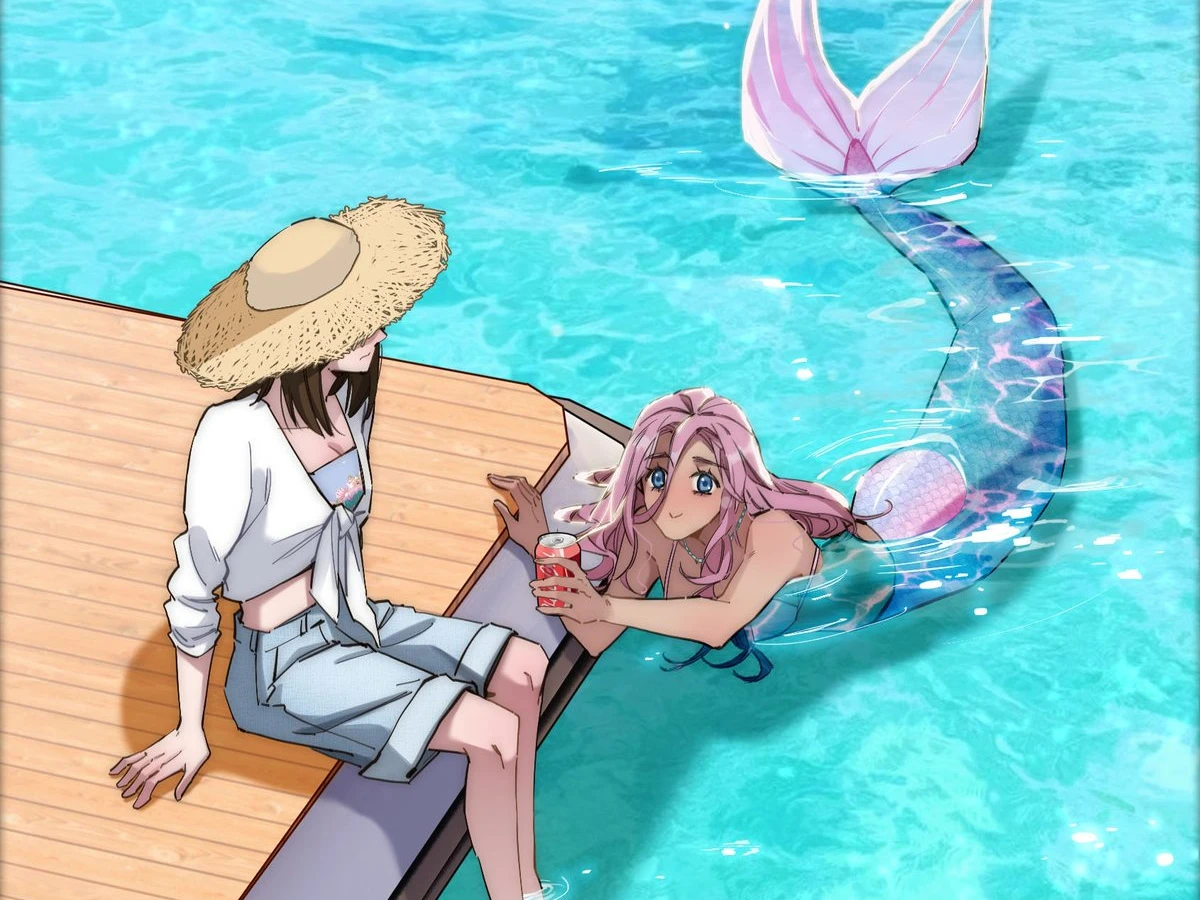 Ari, a mermaid, leaning on the pier beside the narrator