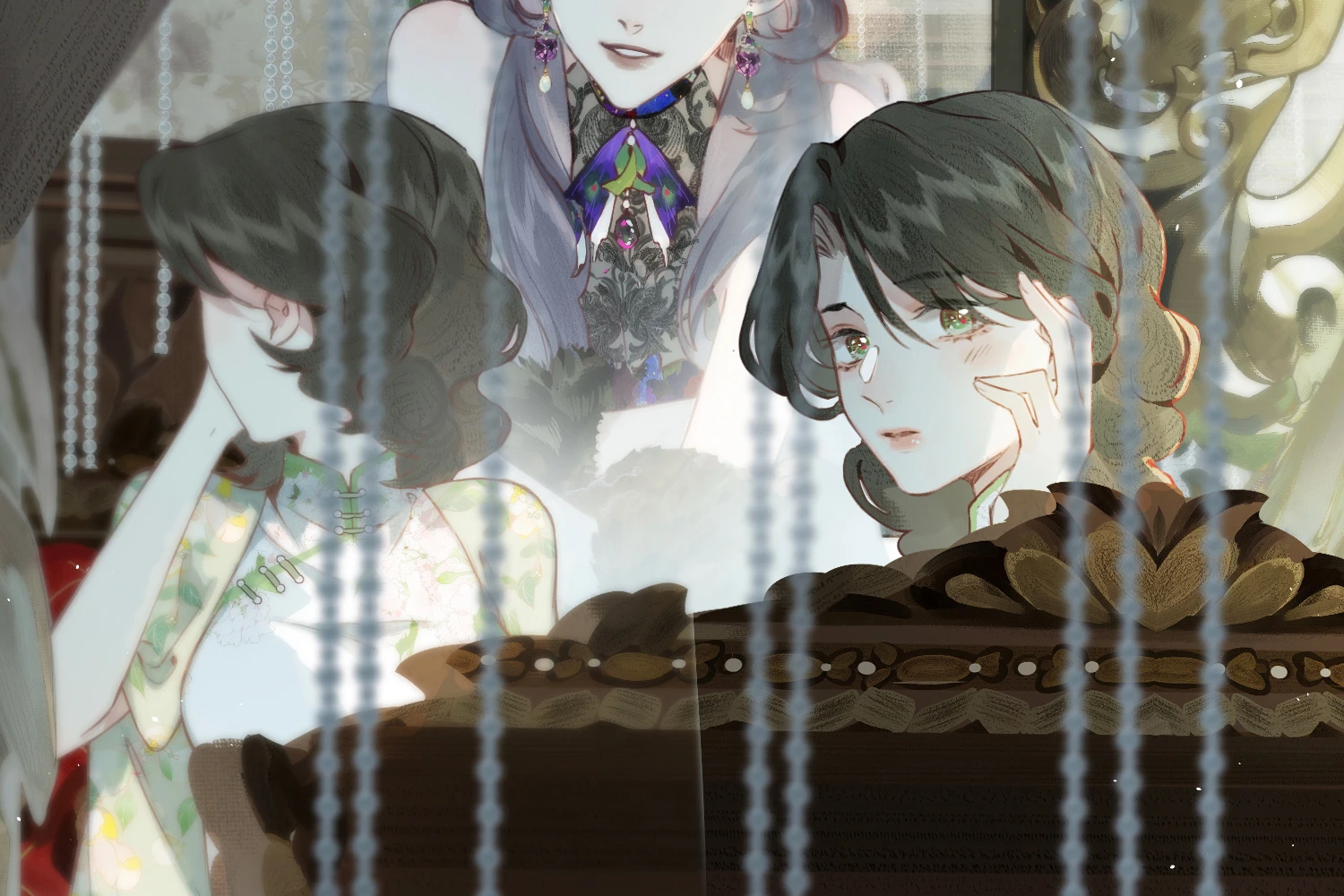 Clandestine Affair: Papillon watches over two women at the mirror