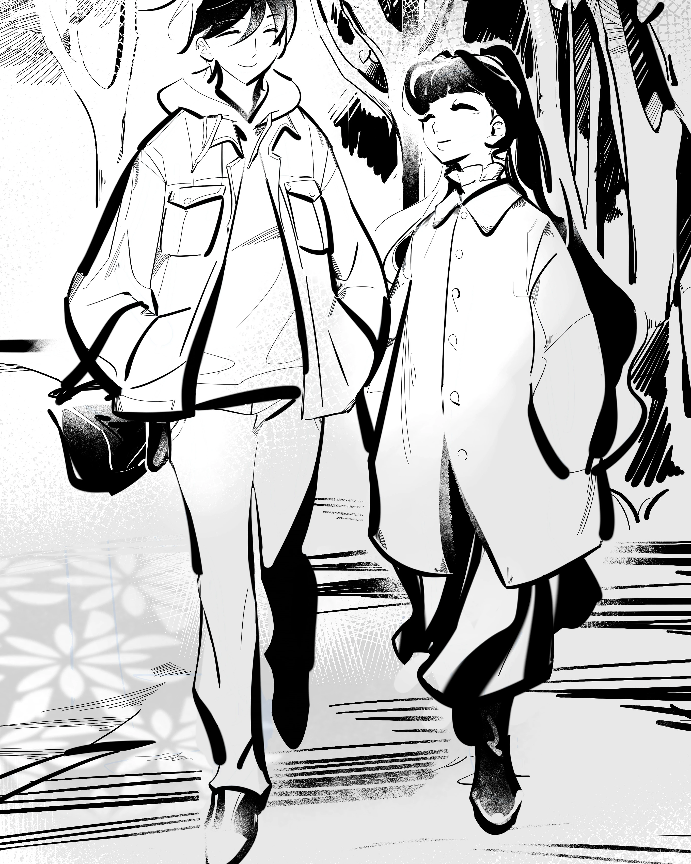 Remaking of the Unforgotten Love: Li Han and Lu Shiyin take a walk under the trees, drawn in black and white
