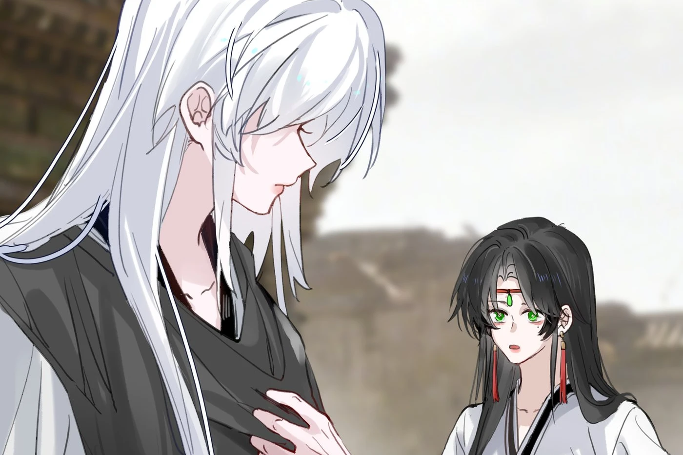Lan Qinghe watches Ji Linxue across a ruined courtyard