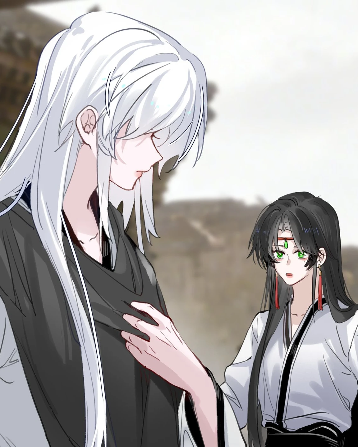 Have No Fear, Shijie’s Here!: Ji Linxue, hand on her chest, with Lan Qinghe beside her by an old city wall
