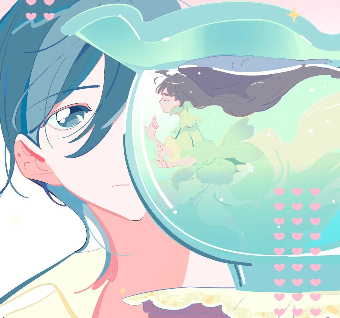 Lu Shiyin’s face beside a goldfish bowl with Li Han inside it, Remaking of the Unforgotten Love chapter cover