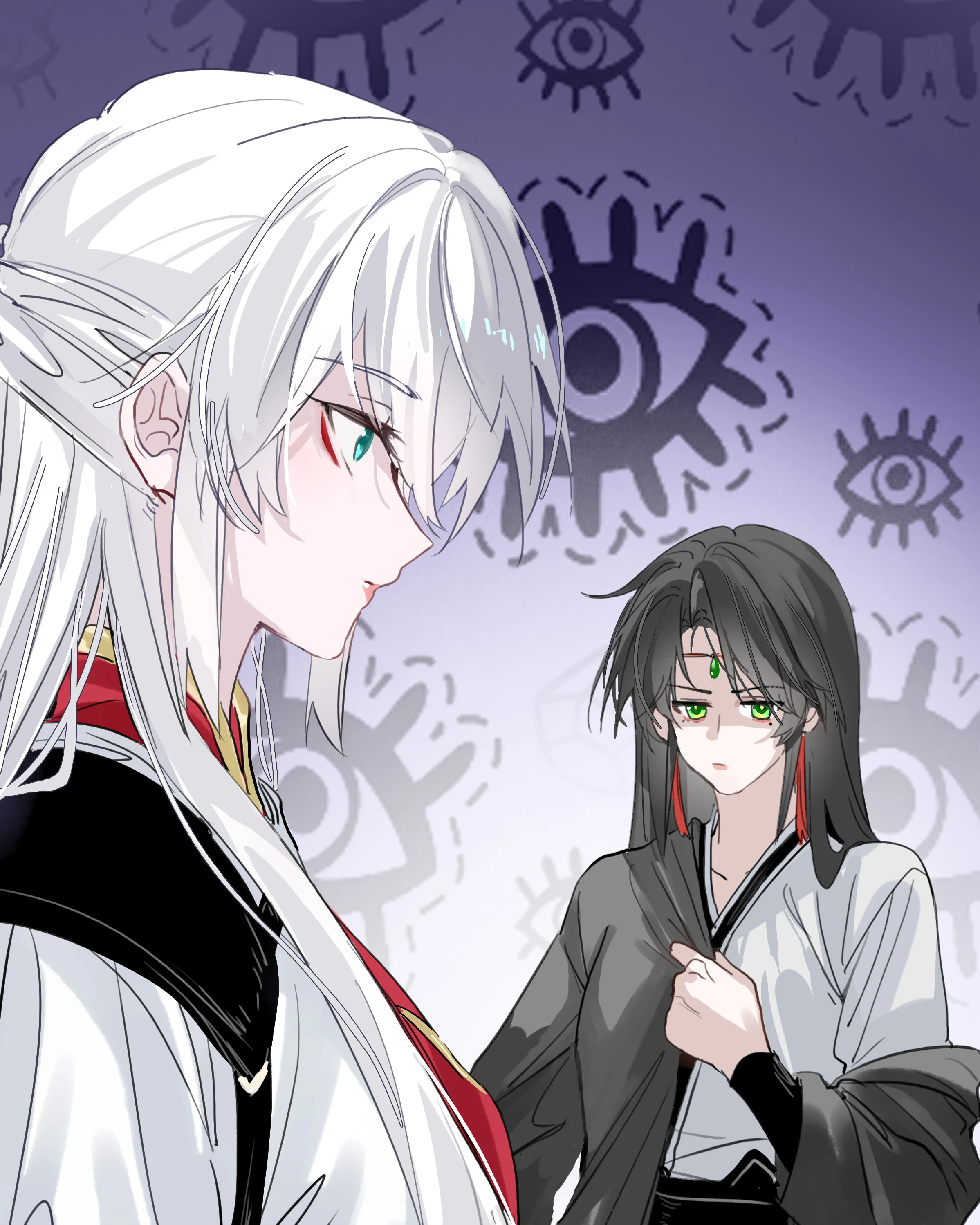 Have No Fear, Shijie’s Here!: Ji Linxue looks back at Lan Qinghe against a wall of painted eyes