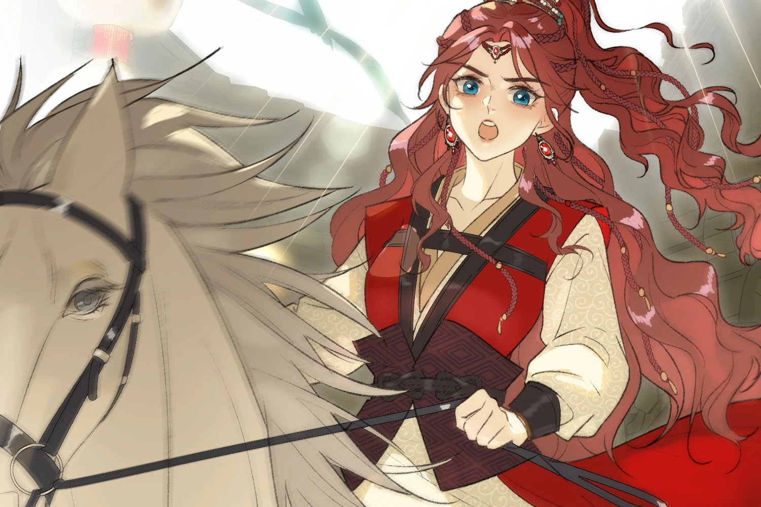 Mu Yunzhao in red on horseback, the reins in her hand