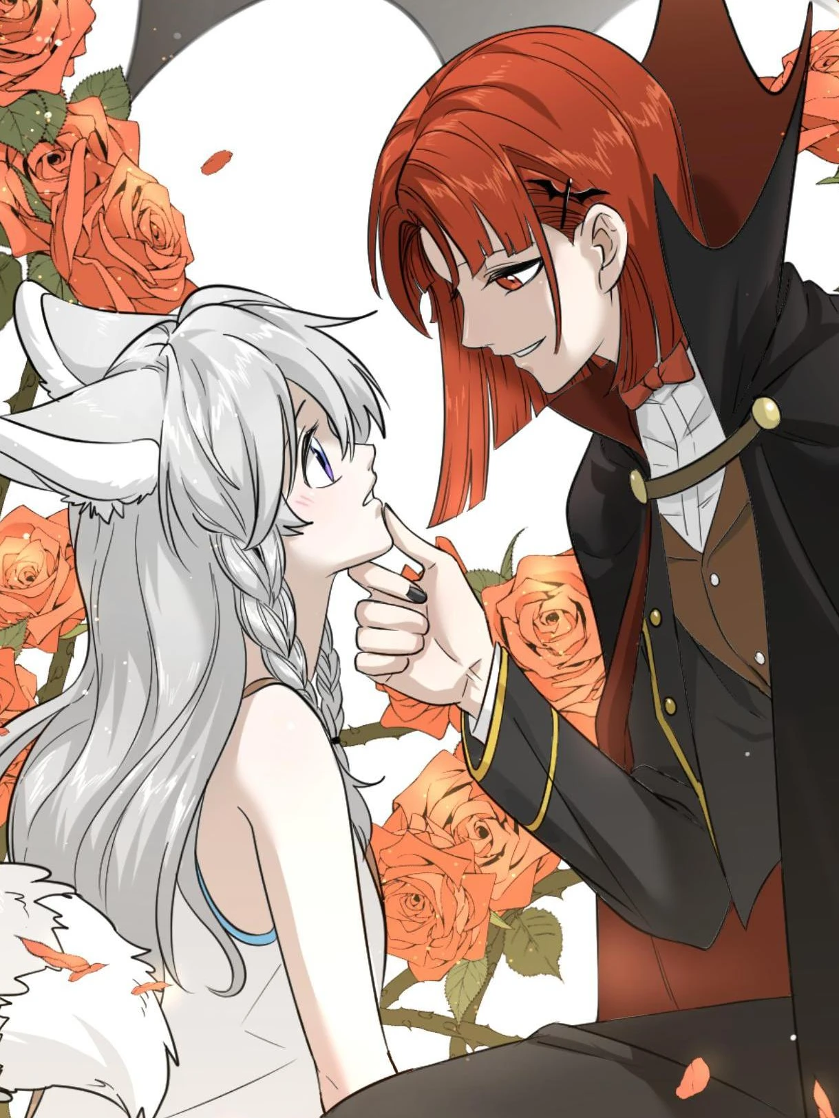 My Food Looks Very Cute: Maria lifts Xing Lan’s chin in front of a bank of orange roses