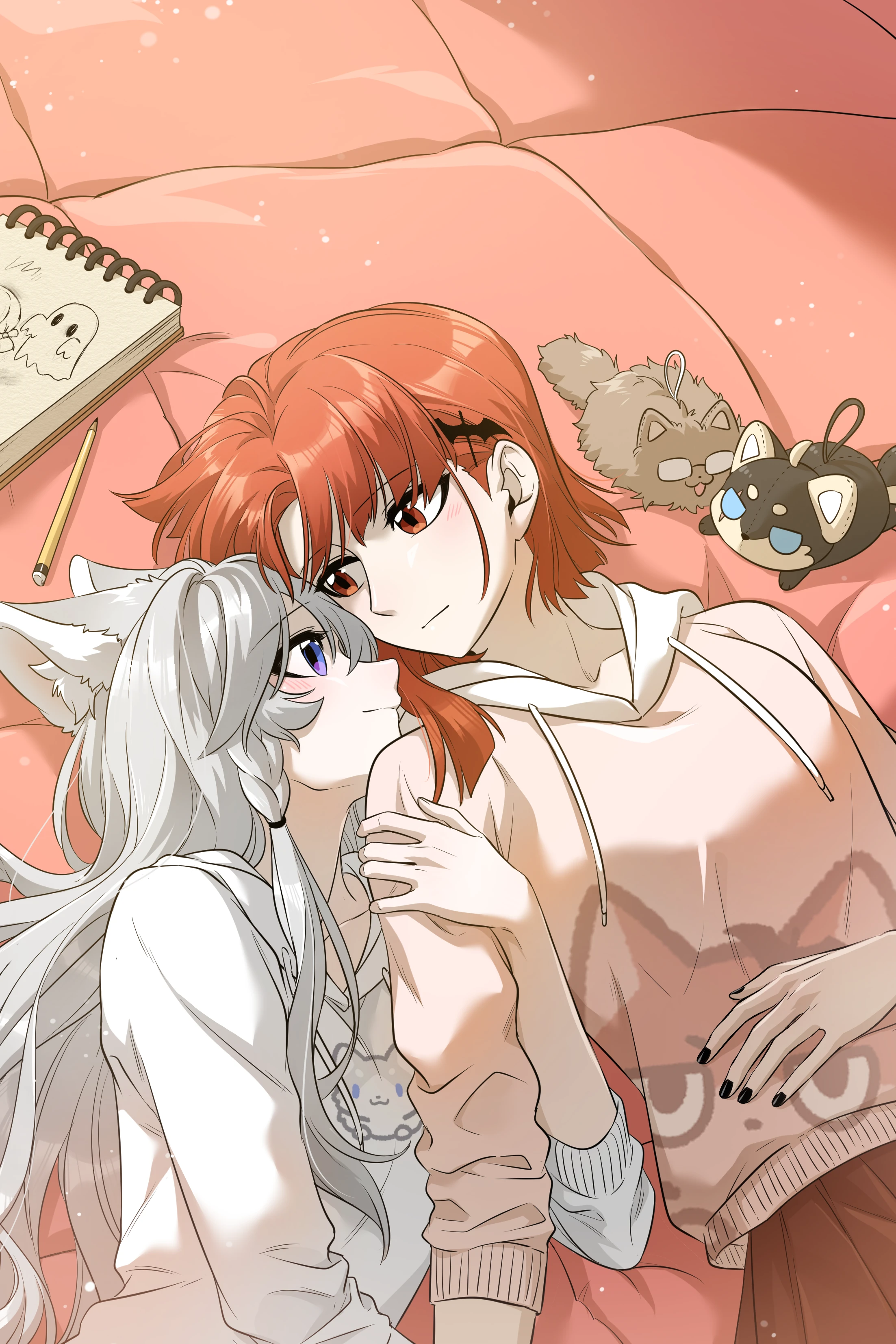 Maria and Xing Lan in soft sweaters, curled up together on a coral sofa, official art of My Food Looks Very Cute