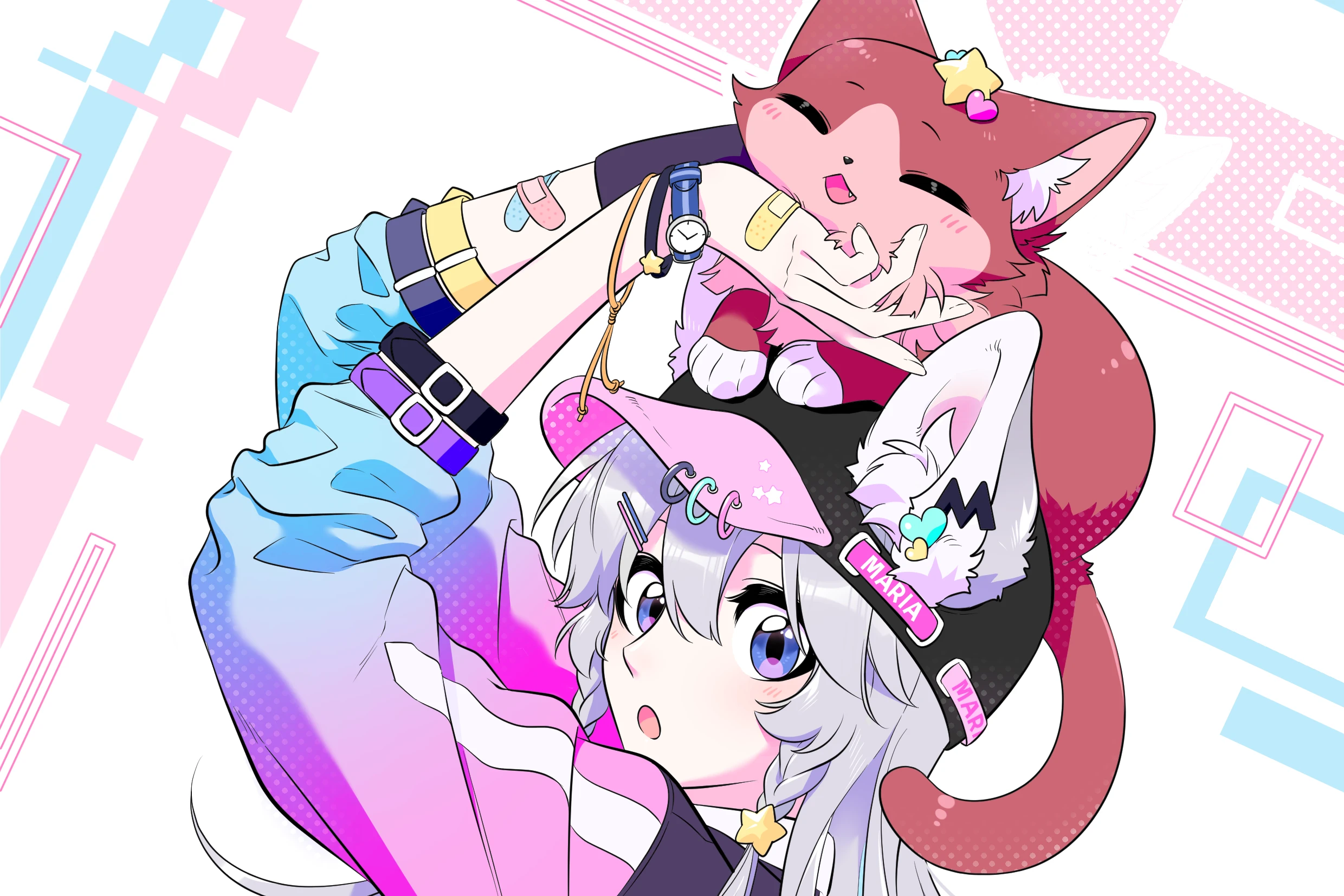 Xing Lan in a pink cap, a cat perched on her head
