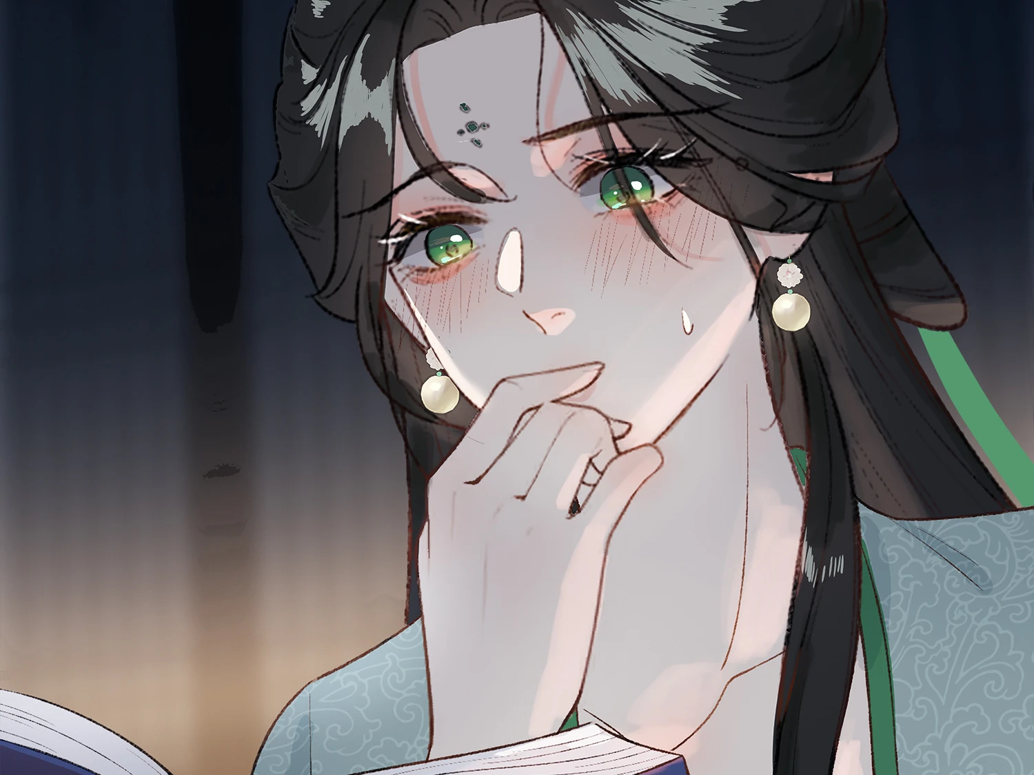 Jade Seduction: a woman rests her chin on her hand over an open book
