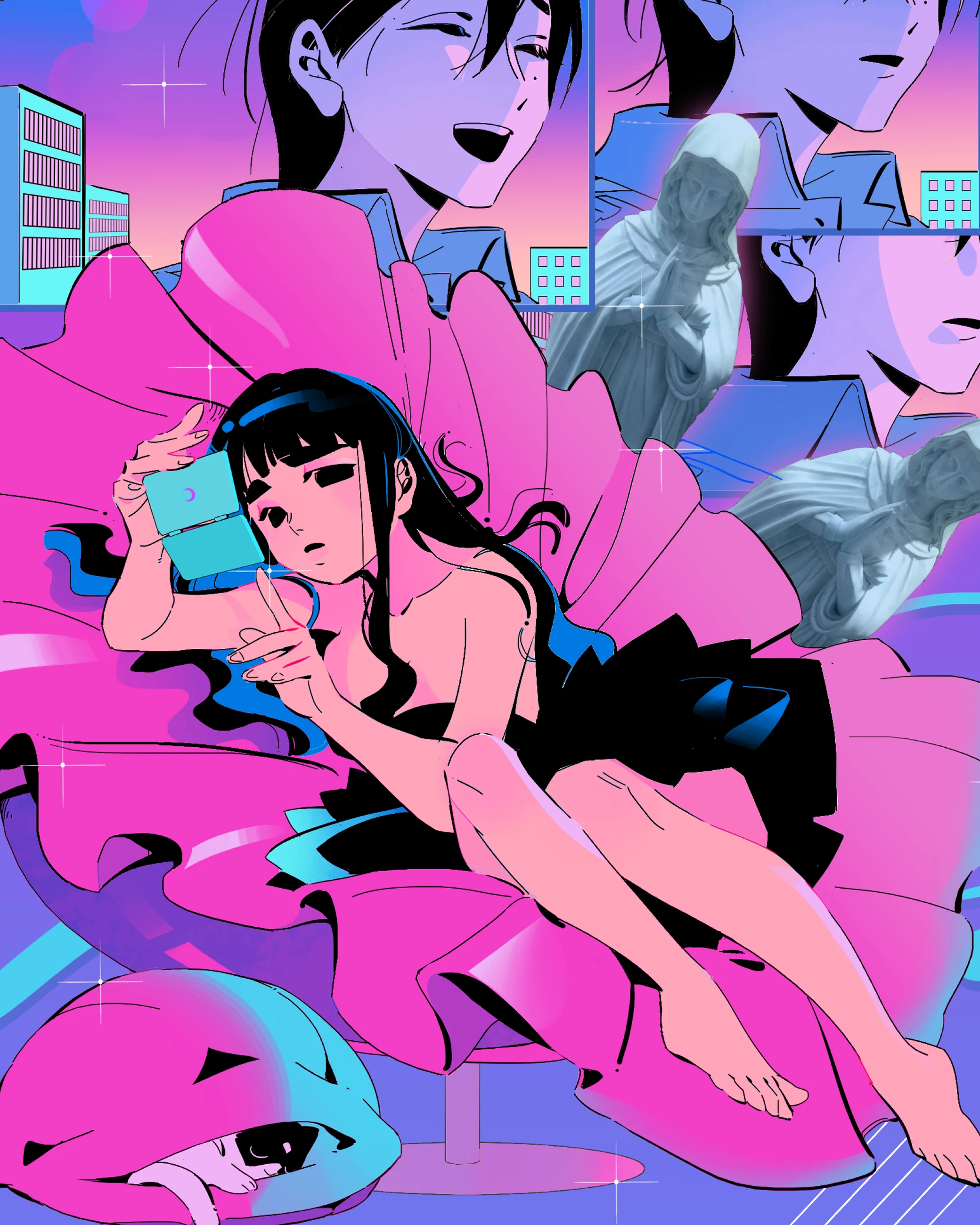 Lu Shiyin curled up in a giant pink flower with a game console, Remaking of the Unforgotten Love chapter cover